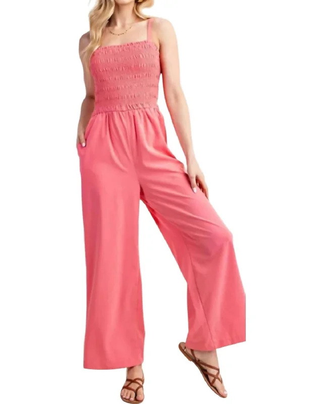 Smocked Bodice Jumpsuit In Pink