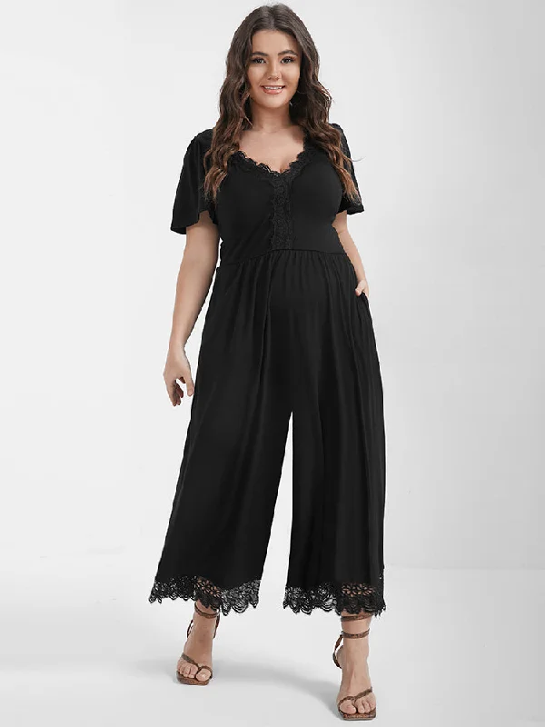 Solid Ruffles Contrast Lace Pocket Jumpsuit