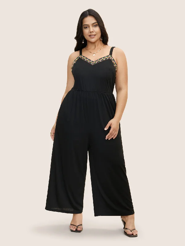 V Neck Woven Ribbon Pocket Jumpsuit